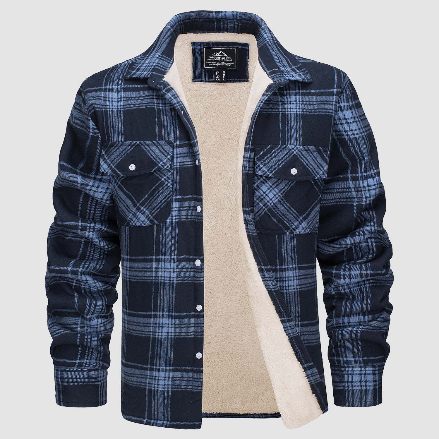 Men's Sherpa Fleece Lined Shirt Casual Plaid Shirt Jacket, Grey Blue / M