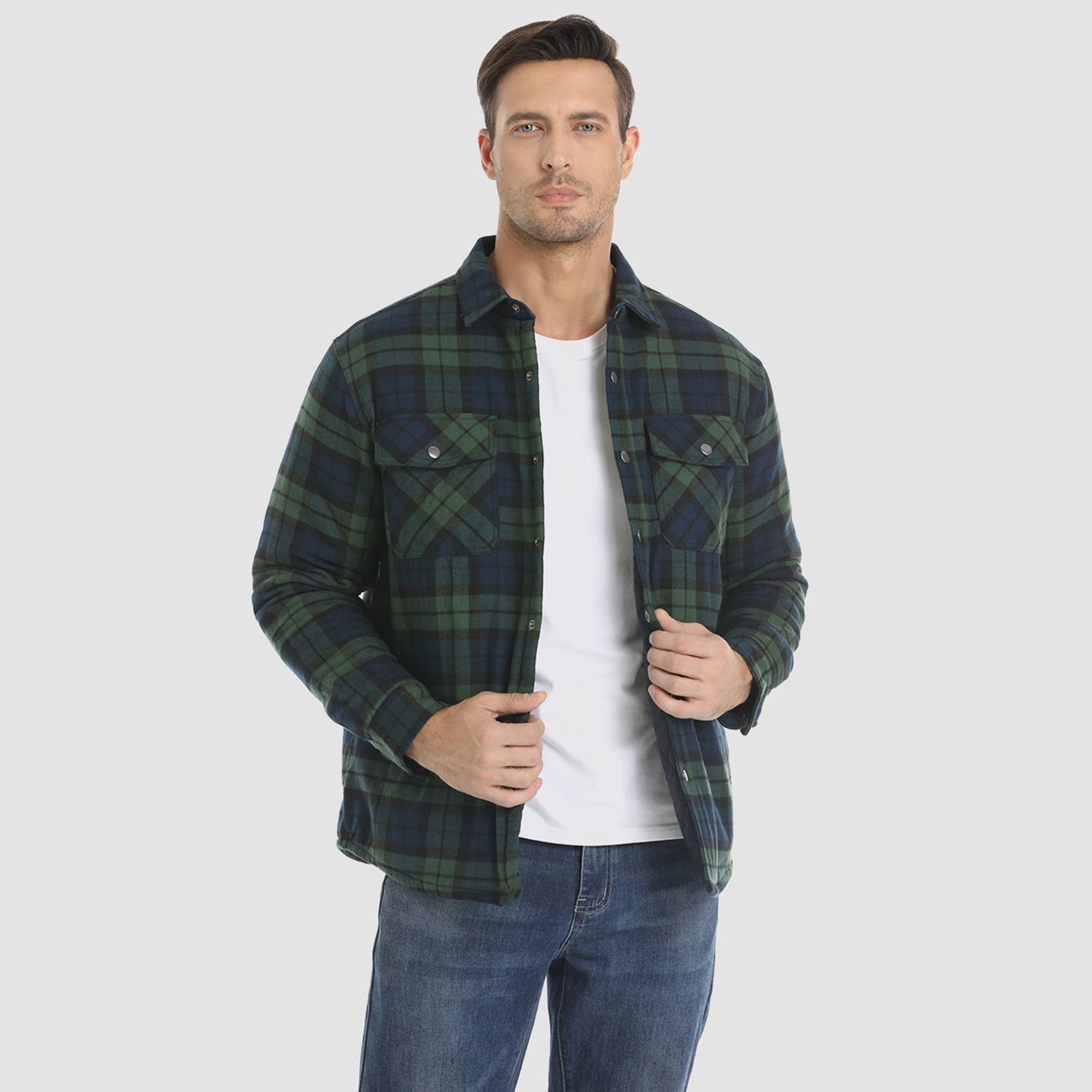 Men's Winter Padded Jacket - Warm Quilted Flannel Shirt Jacket with 5 Pockets for Outdoor and Casual Use - MAGCOMSEN