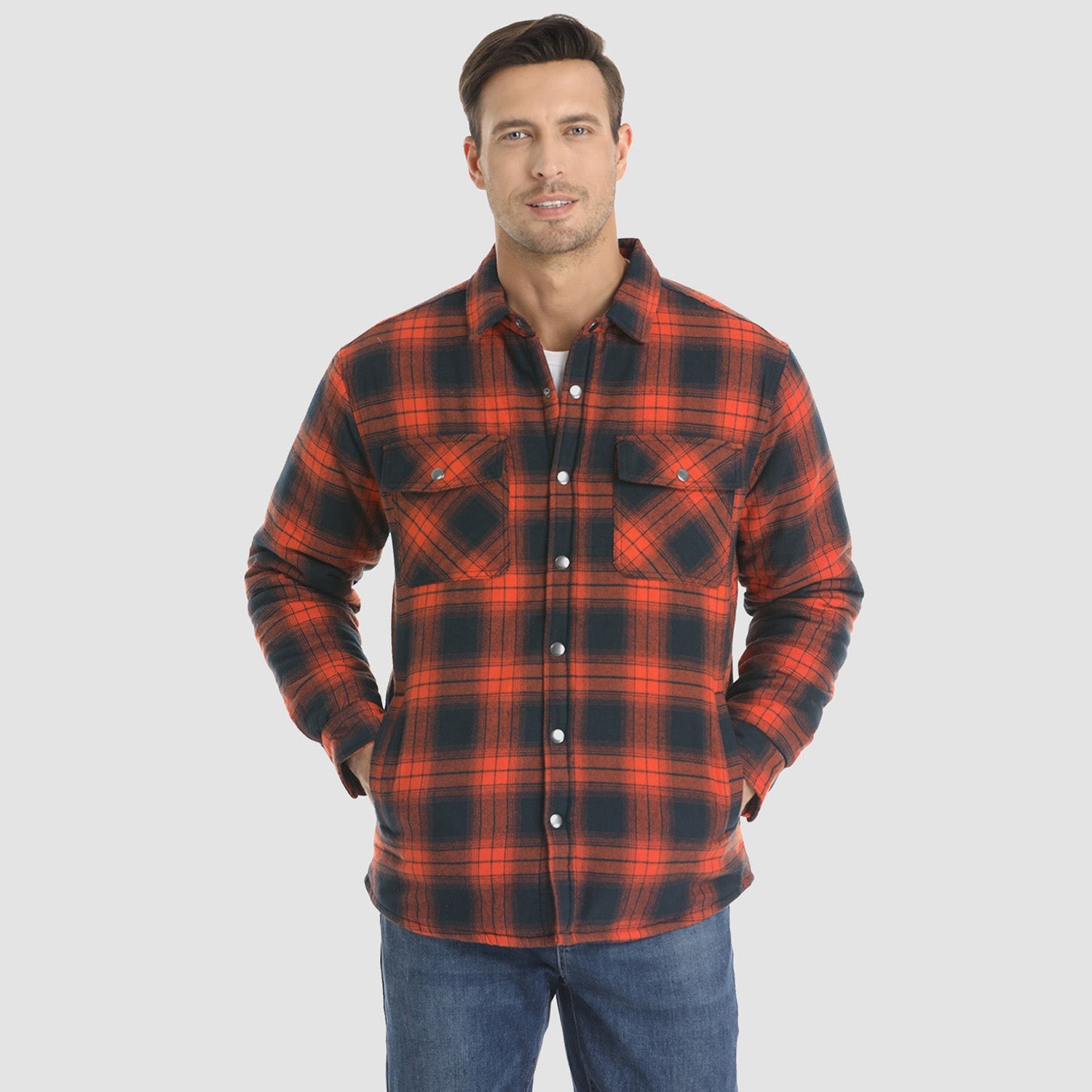 Men's Winter Padded Jacket - Warm Quilted Flannel Shirt Jacket with 5 Pockets for Outdoor and Casual Use - MAGCOMSEN