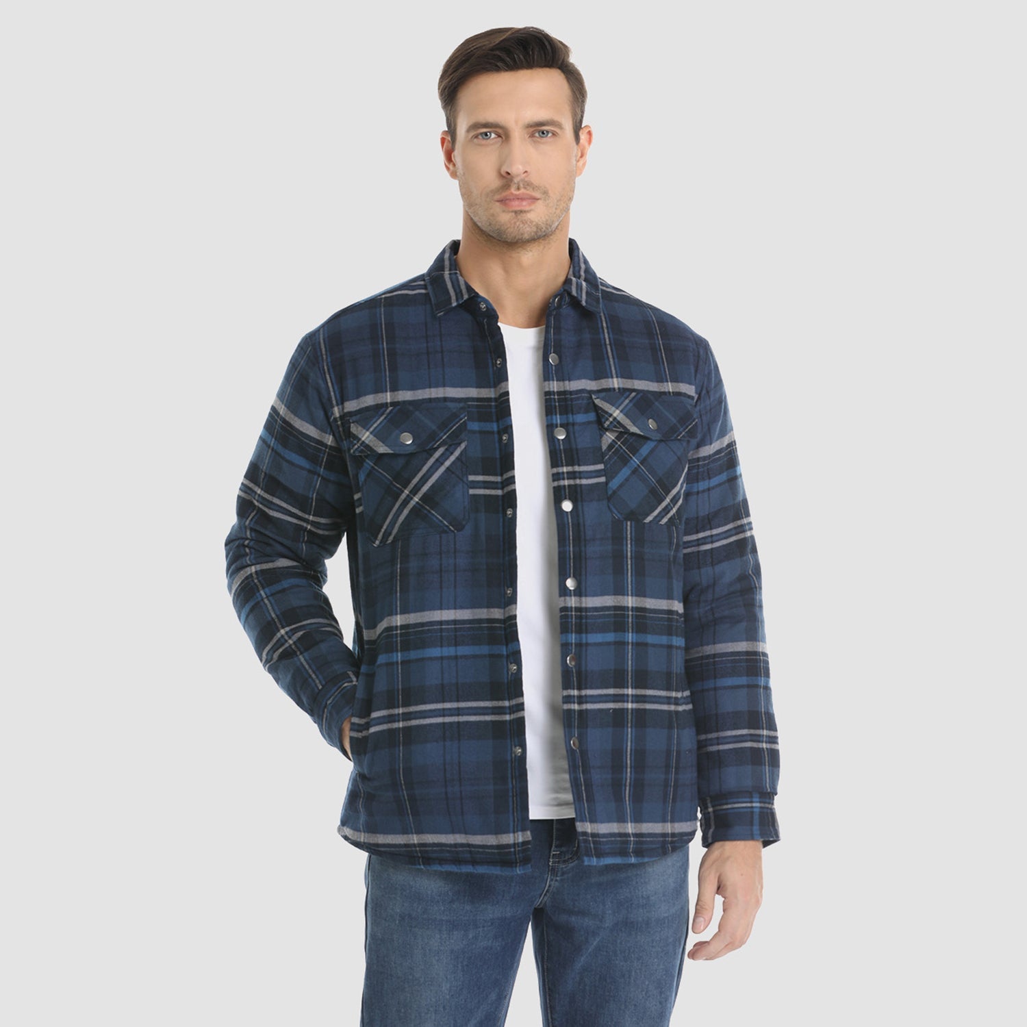 Men's Winter Padded Jacket - Warm Quilted Flannel Shirt Jacket with 5 Pockets for Outdoor and Casual Use - MAGCOMSEN