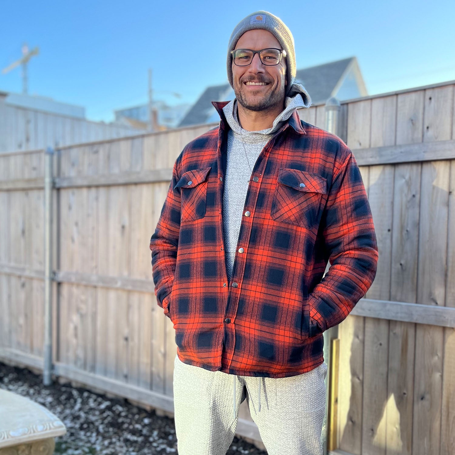 Mens red flannel jacket with 2025 hood